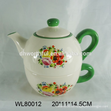 Großhandelsdekorative keramische Teekanne und Schale in einem mit Blumenabziehbild
